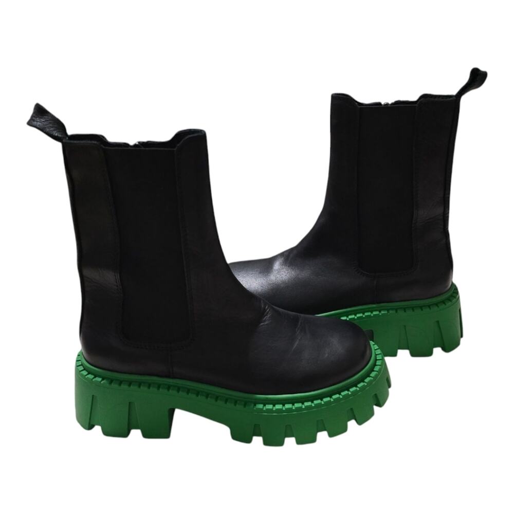Steve Madden Charges Black Green Sole Leather Zip Up‎ Chunky Boots size 7 New - Picture 4 of 14